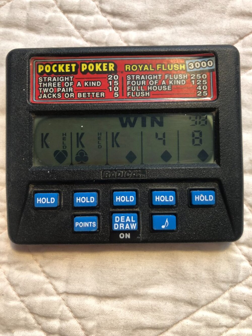 Vintage Radica Pocket Poker battery operated game, Model 1310